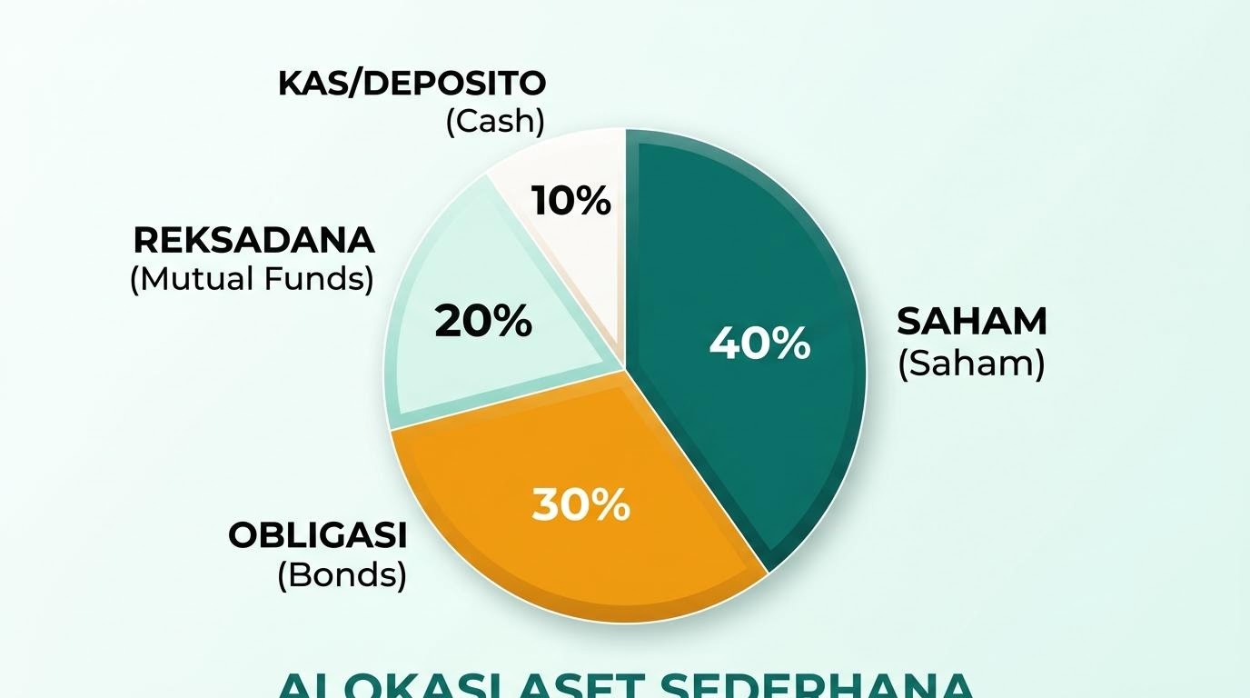 Diagram lingkaran yang menggambarkan pembagian dana ke beberapa kelas aset dalam alokasi aset sederhana